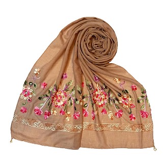 Designer hand work flower hijab - Bread Brown